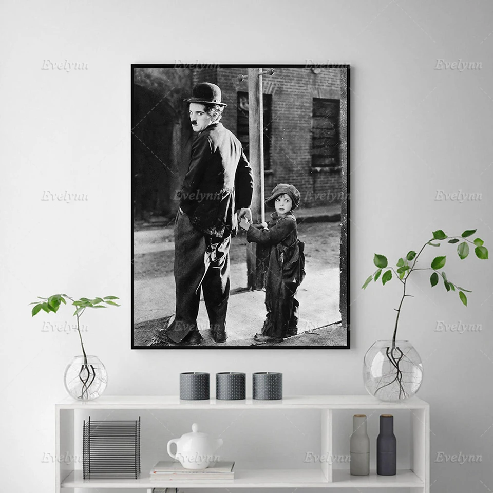 Vintage Charlie Chaplin Print,Dziecko,Charlie Chaplin Obraz Sztuki,Ściany Sztuki Płótno Plakat Wystrój Domu,Czarno - Biała Pływająca Ramka