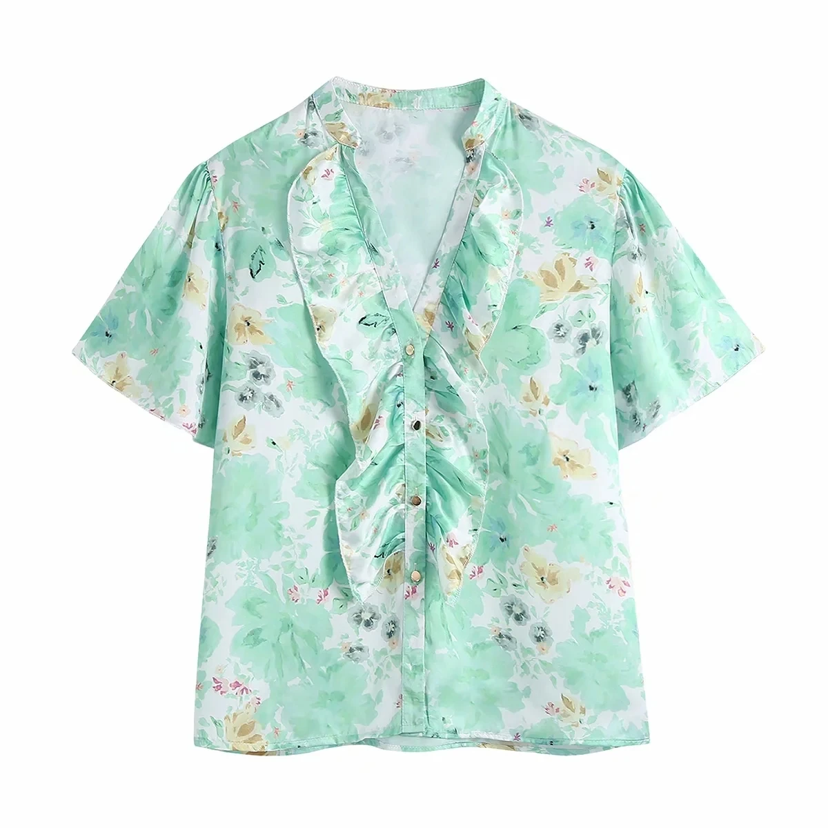 NWOMN Za 2021 Damska koszula Kwiatowa bluzka z plisami Damski Letni zielony skrócony Kobieta top z Krótkim Rękawem na guziki Casual Plażowa tunika Dla dziewcząt