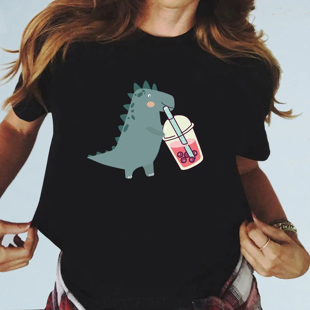 Szczęśliwy Dinozaur perły Boba Bubble Tea koszulka kreskówka moda drukowane sztuka Kawaii Trójniki Top Damska Temat ustawienia