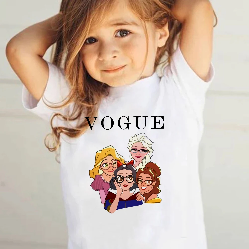 Zabawna Disney Księżniczka W okularach z nadrukiem Dziewczyna Koszulka Urocza królewna Śnieżka Elsa Graficzny Letni Wypoczynek Miękkie koszulki dla dzieci