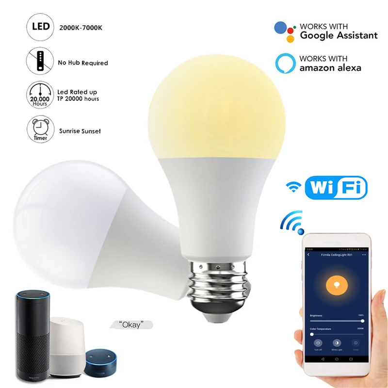 15 W Smart WiFi Żarówka E27 B22 Dimmable LED Lampa jest Kompatybilna Z Amazon Alexa Google Home APP Smart Wake Up Night Light