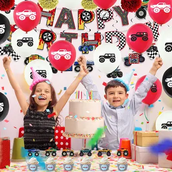 54Pcs Monster Truck Theme Party Supplies Obejmują banery urodzinowe, dekoracje z papierowych kwiatów ręcznie i lateksowe balony