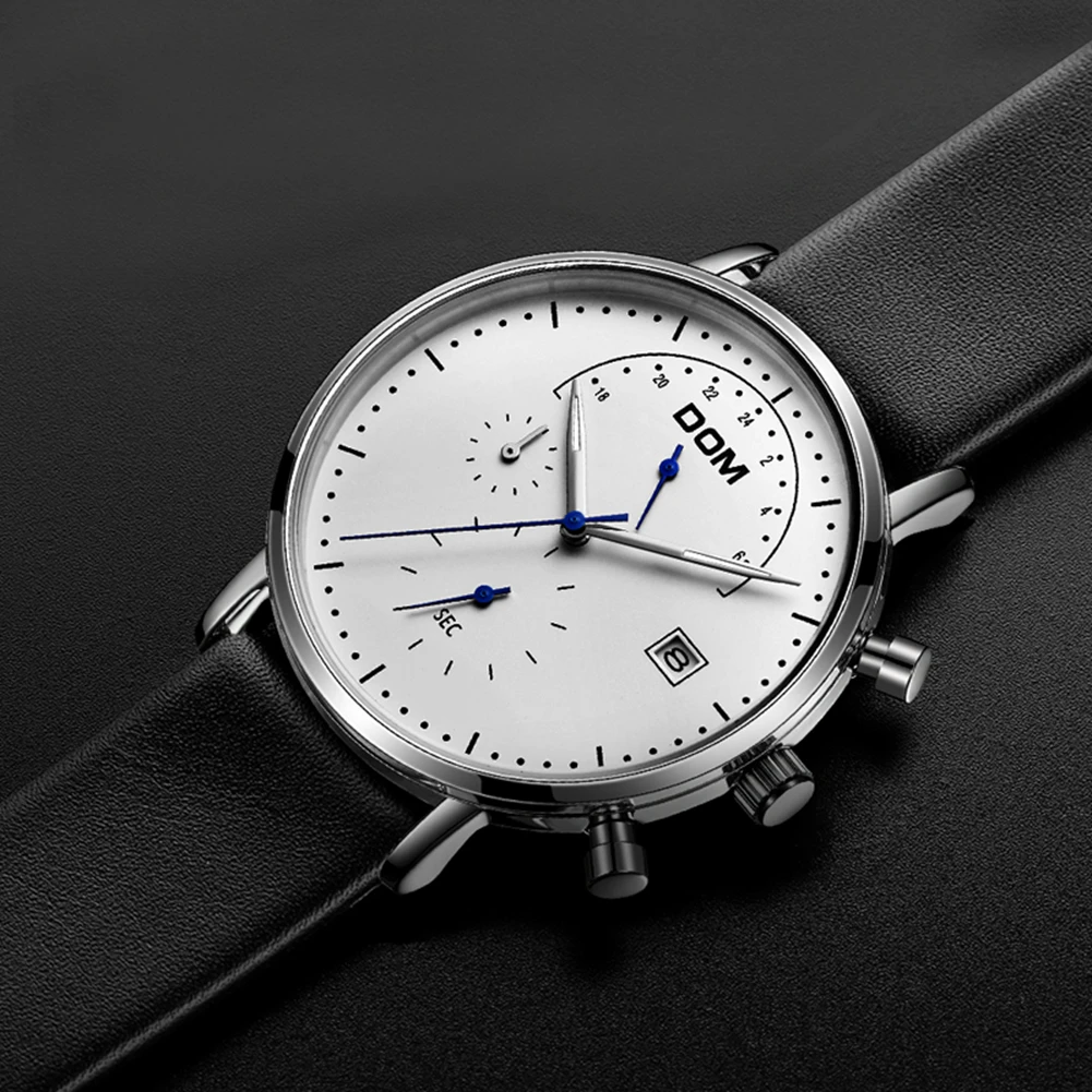 Dom Mens Watch Minimalistyczne, ultra-Cienkie zegarki Kwarcowe Analogowe Wodoodporny Zegarek dla mężczyzn z Kalendarza Datę Skórzaną netto paskiem