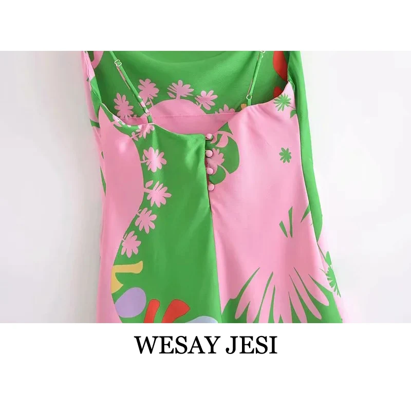 WESAY JESI 2021 Summer Za Women Dress Pink Slip Satin Dress Woman, Green Print Backless Summer Dresses Strap Mini Beach Dresses