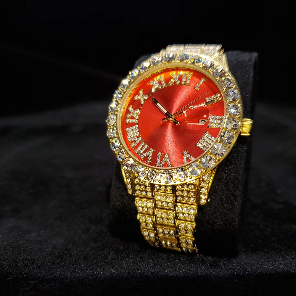 Hip-Hop MISSFOX Red Diamond Mens Iced Out Zegarki Top Brand Luxury Automatic Day Date AAA zegarek Kwarcowy Zegarek dla Mężczyzn Biżuteria