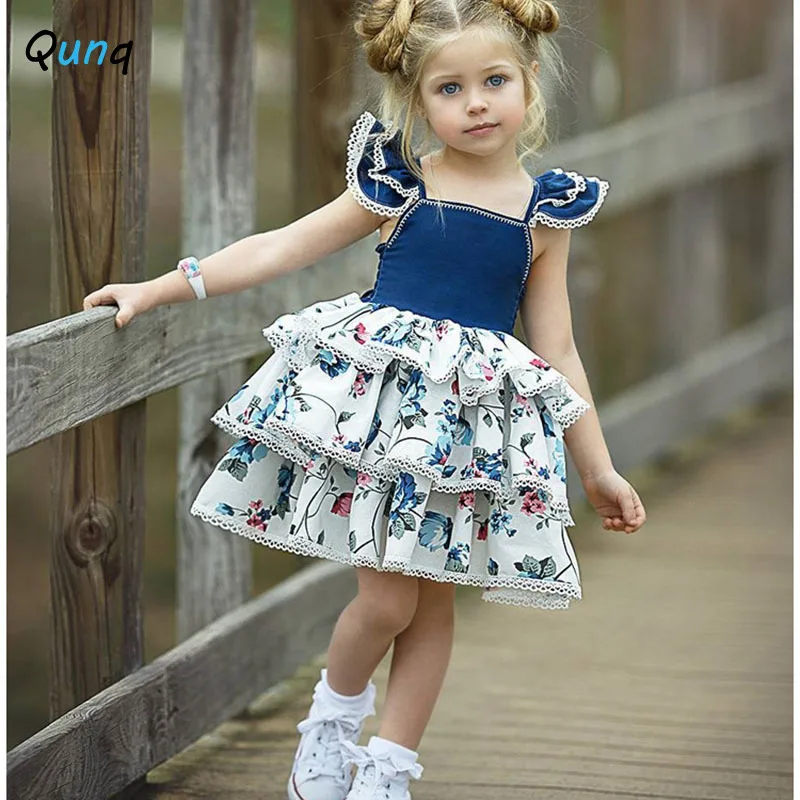 Qunq Girls Dress Blue Flower Children Princess Dresses for Wedding Birthday Party 1 2 3 4 5-letni Maluch Letnia Odzież Dziecięca
