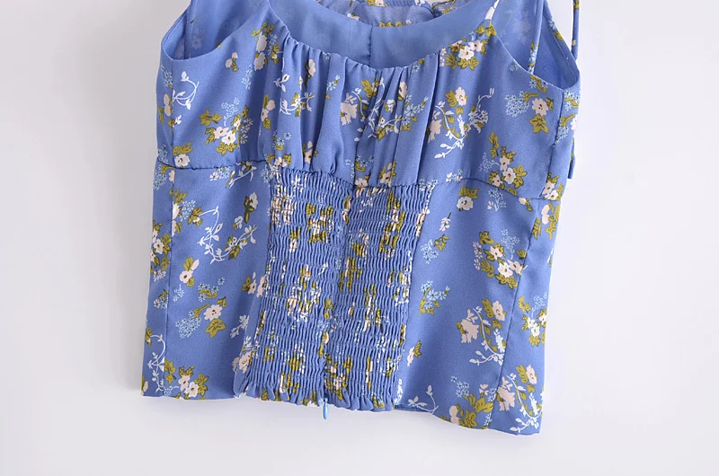 Letnie kobiety kwiatowy print plaża seksowny crop topy czeski niebieski elastyczny krótkie koszulki damskie vestidos