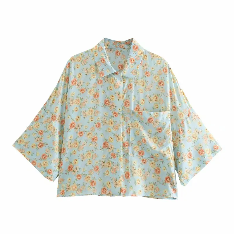 Za Letnia damska koszula z kwiatowym nadrukiem 2021 koszulka Asymetryczne hem Vintage Koszula Damska moda na guziki Temat Topy Mujer