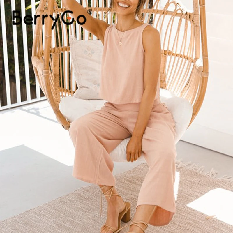 BerryGo Casual Pink Two-piece Summer Women Pant Sets Elegancki Top bez rękawów, Spodnie zestaw 2021 Fashion Office Button Ladies Suit