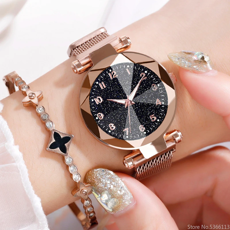2020 Luksusowe Zegarek Damski Modny Design Gwiaździste Niebo Zegarek Dla kobiet Stal nierdzewna Podświetlenie Magnes Bransoletka Zegarek Kwarcowy Prezent