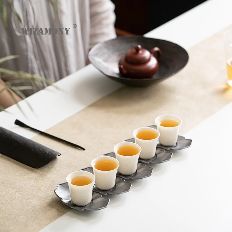 WIZAMONY pure tin used Begonia coaster kungfu tea set ceremonia herbaty akcesoria filiżanka do herbaty pudełko uchwyt