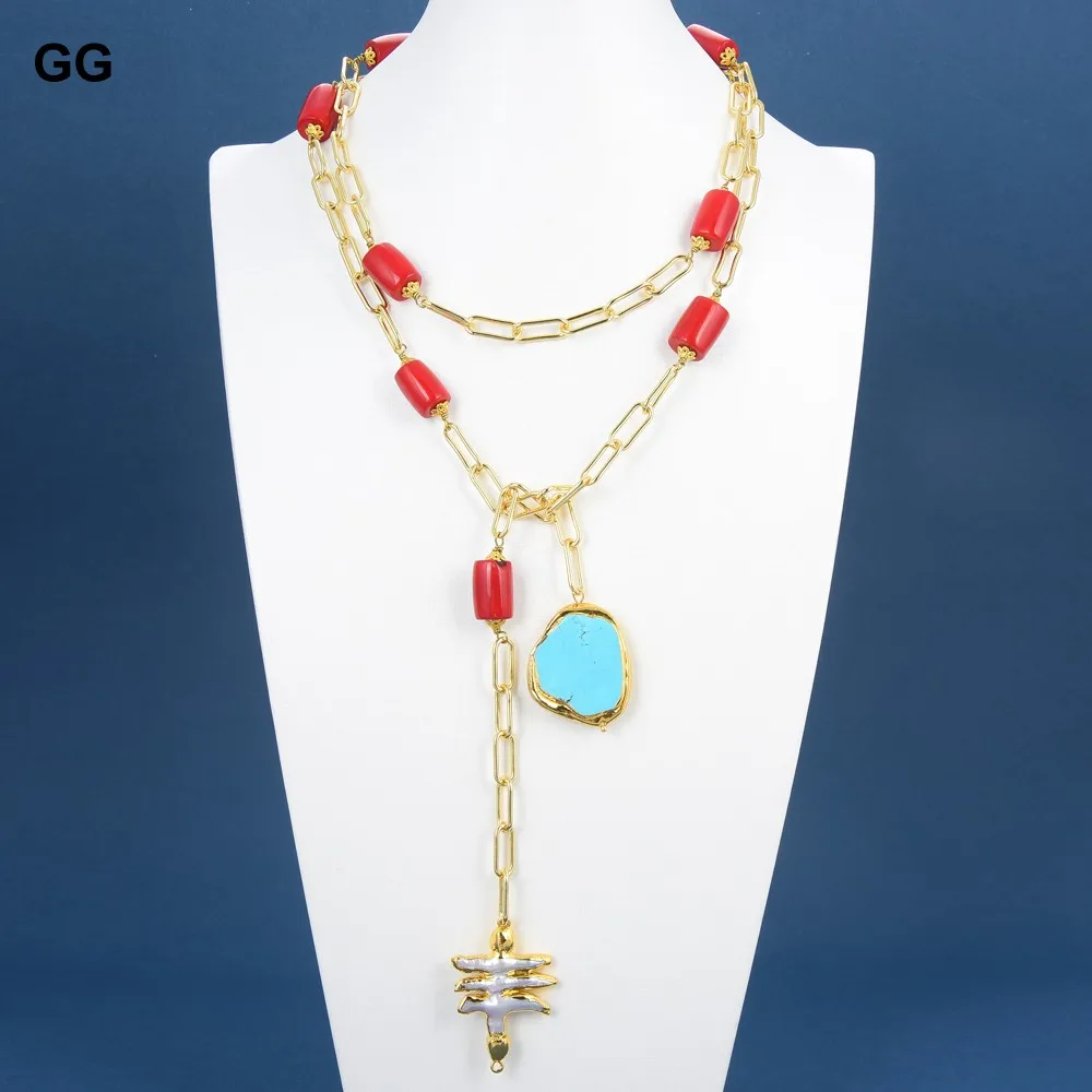 GuaiGuai Biżuteria Naturalne Słodkowodne Hodowane Biały Barokowe Perły Złoty Kolor Czerwony Koral Sweter łańcuch Naszyjnik Handmade Dla Kobiet