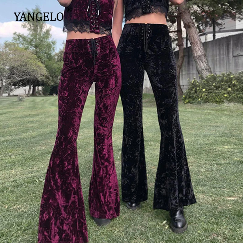 Y2K Goth Czarne Spodnie-Dzwony Harajuku Wysoka Talia Bandaż Spodnie Vintage Estetyczne Aksamitne Spodnie damskie Spodnie Uliczne