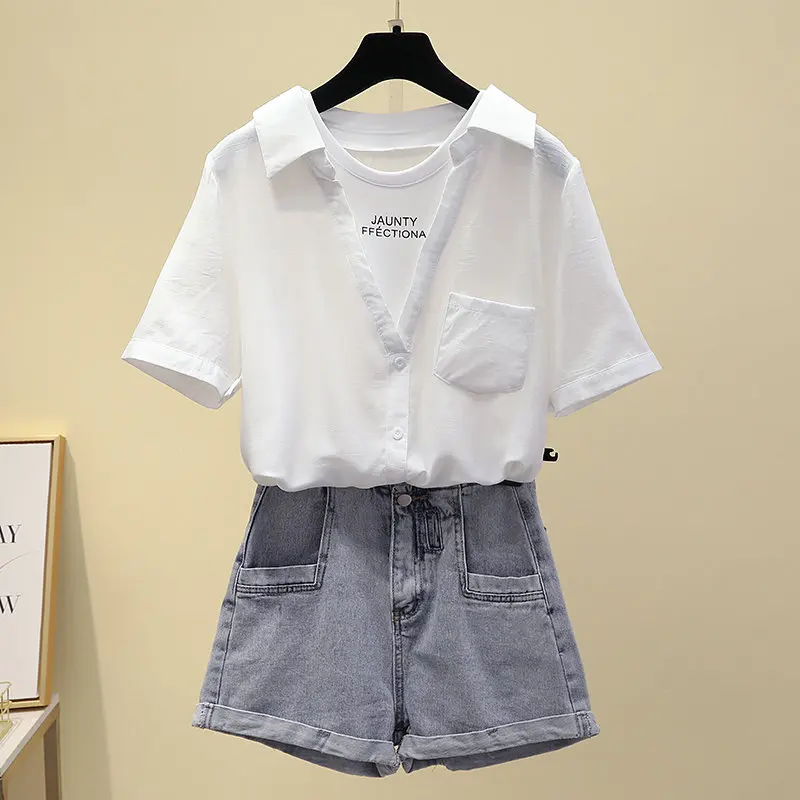 Koszulka z Krótkim Rękawem Odzież Damska Vintage Biały Fałszywe Z Dwóch Części t-Shirt Kobieta Letnie Bluzki Koszula Koreański Moda Casual Nowy 2021