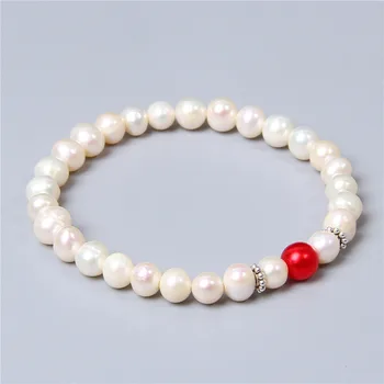 7-8 MM Czerwony Perły Naturalne Słodkowodne White Pearl Barokowy Bransoletki Okrągłe koraliki Łańcucha Bransoletki Dla Kobiet Dziewczyna Miłośników Biżuterii Prezenty