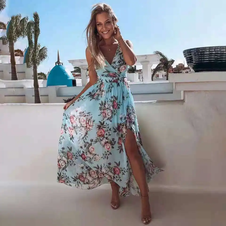 Letnie Sukienki Maxi Dla kobiet moda Flroal Print Split Beach Holiday Szyfonowa Długa Sukienka Elegancka Odzież damska Szlafrok Femme