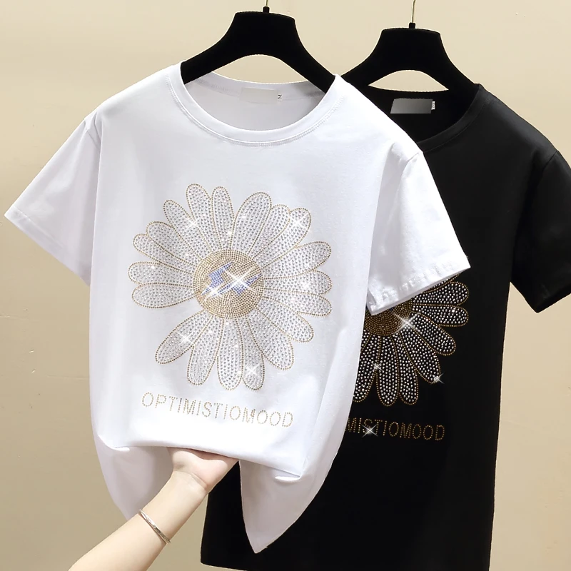 Gkfnmt Koszulka Damska Odzież Diamentowe Kwiaty Bawełniane Z Krótkim Rękawem Casual Biała Damska Koszulka Letnie Topy Czarny t-Shirt Femme