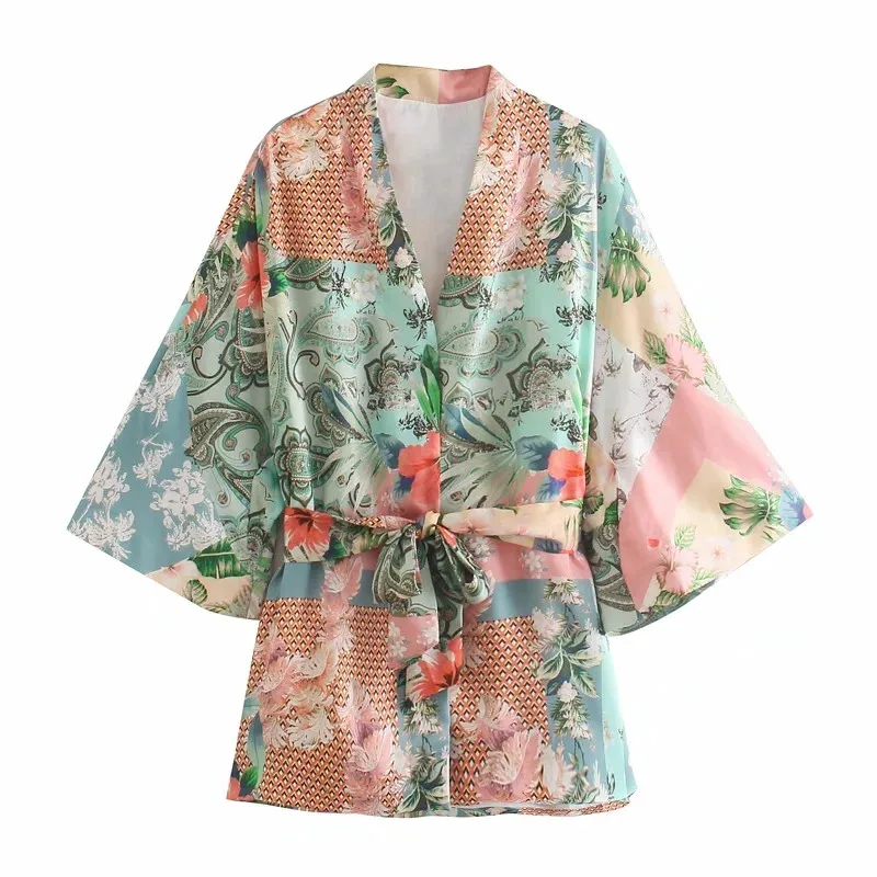TRAF Za Kimono Damska Bluzka Patchwork z Nadrukiem Krótki Kimono Kobieta Lato 2021 obiekt, w Plażowym Modny Pas Japoński Styl Vintage Bluzka