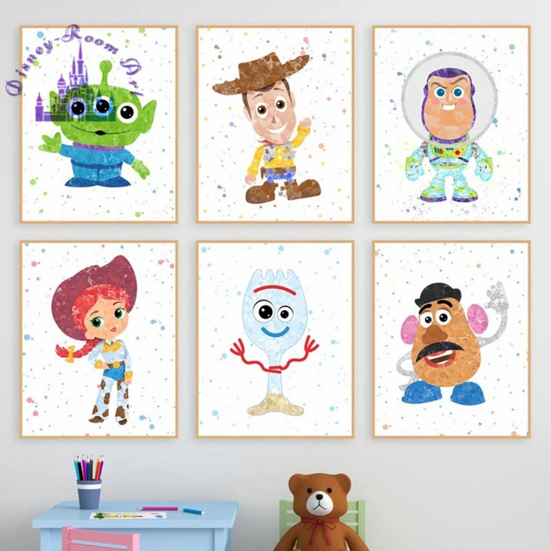 Disney Toy Story Plakaty Wystrój Pokoju Dla Dzieci Płótno Malarstwo Sztuka Drukowanie Akwarela Toy Story Home Decor Wall Art Kids Party Decor