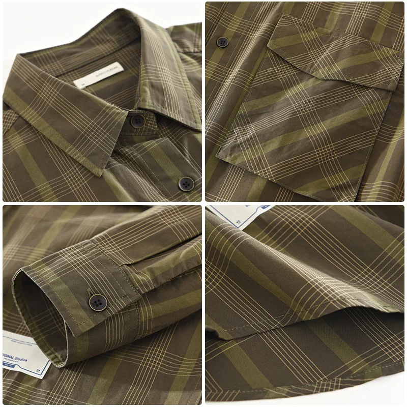 M905 Japoński narzędzie koszula męska wiosna nowy kratkę top luźna, bawełniana koszula z długim rękawem