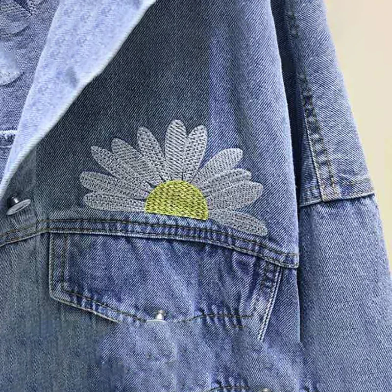 Kwiatowy haft Meble jeansowa kurtka Damska Vintage Casual Loose duży rozmiar płaszcz 2021 nowa wiosenna moda niebieski chaqueta