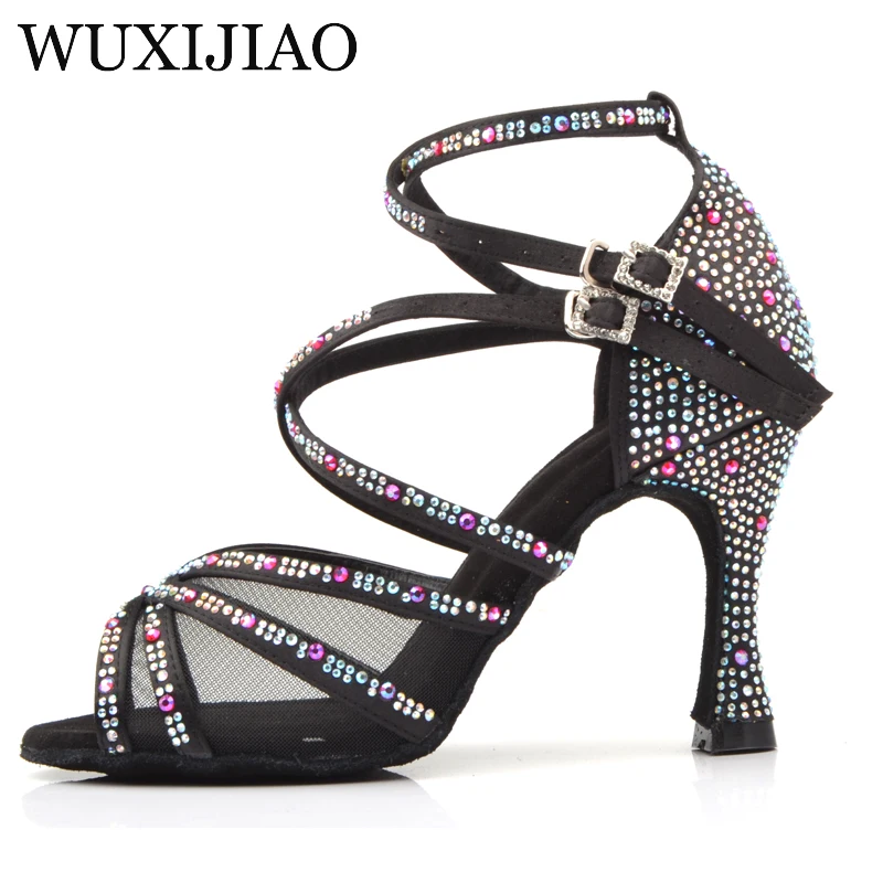 WUXIJIAO Ladies Latin dance shoes with black satin style rhinestone high heels salsa dancing shoes obcas 9cm