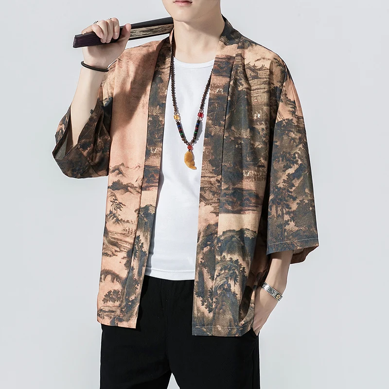 2021 Oryginalny Męski Styl Japoński Kimono Sweter Koszula Płaszcz Tradycyjna Wolne Drukowanie Moda Casual Cienka Kurtka Letnia odzież Wierzchnia