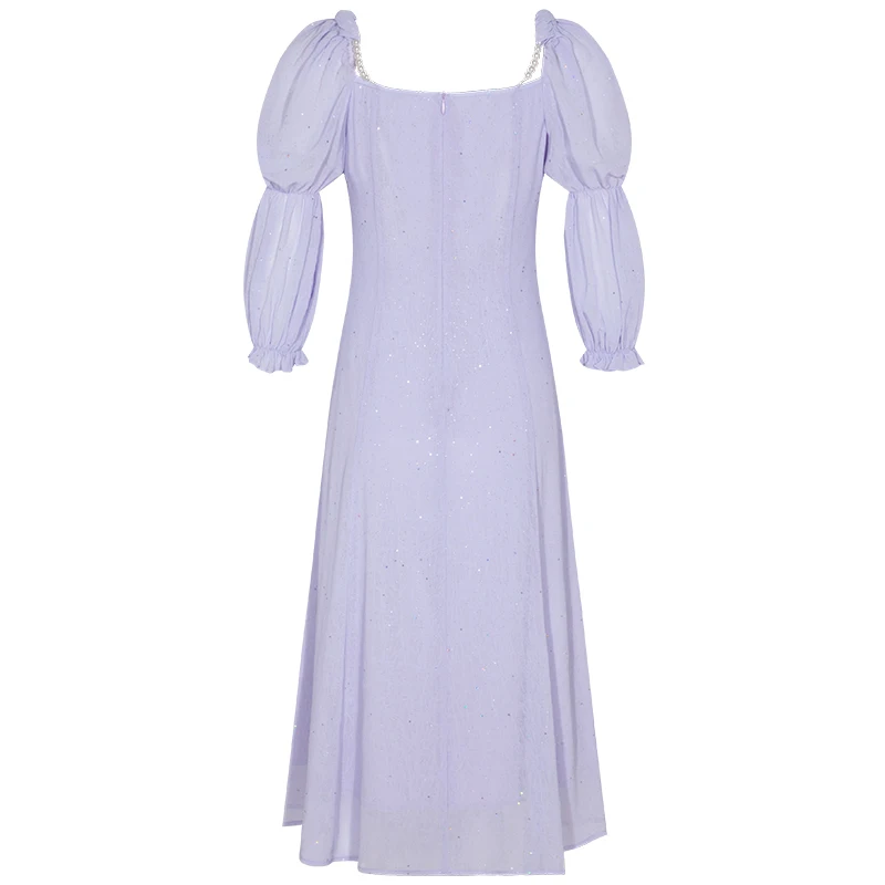 YIGELILA Vintage Women Summer Dress Elegant Square Collar Lantern Sleeve Dress Empire Slim Purple Dress Mid-length 66370