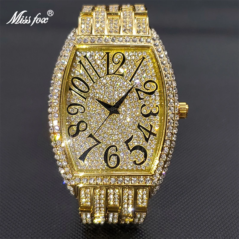 MISSFOX Luxury Gold Big Watch For Men Ice Out Tonneau Dial Full Diamond Zegarek Kwarcowy Stylowe Akcesoria dla mężczyzn Hurtowych