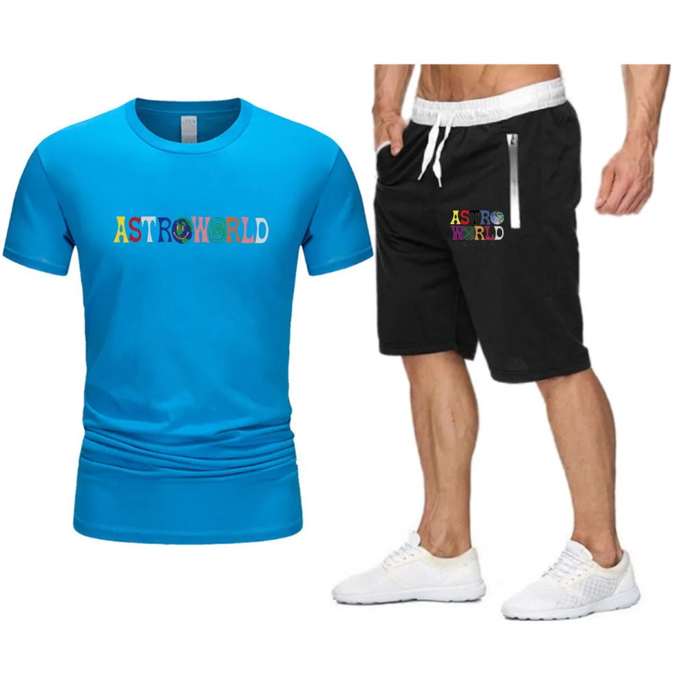 Zabawny Marka Astroworld Męska koszulka+Spodenki Plażowe Zestawy Letnie Biegowe spodnie Koszulka Sportowa odzież uliczna, odzież Harajuku Topy t-Shirt