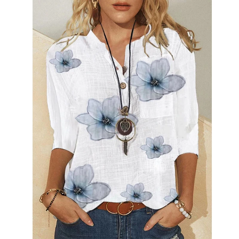 Letnie damskie topy Bluzki 2021 Elegancki Trzy Czwarte Rękaw Szyi Bluzka Blusa Codziennych Temat Koszule Plus size
