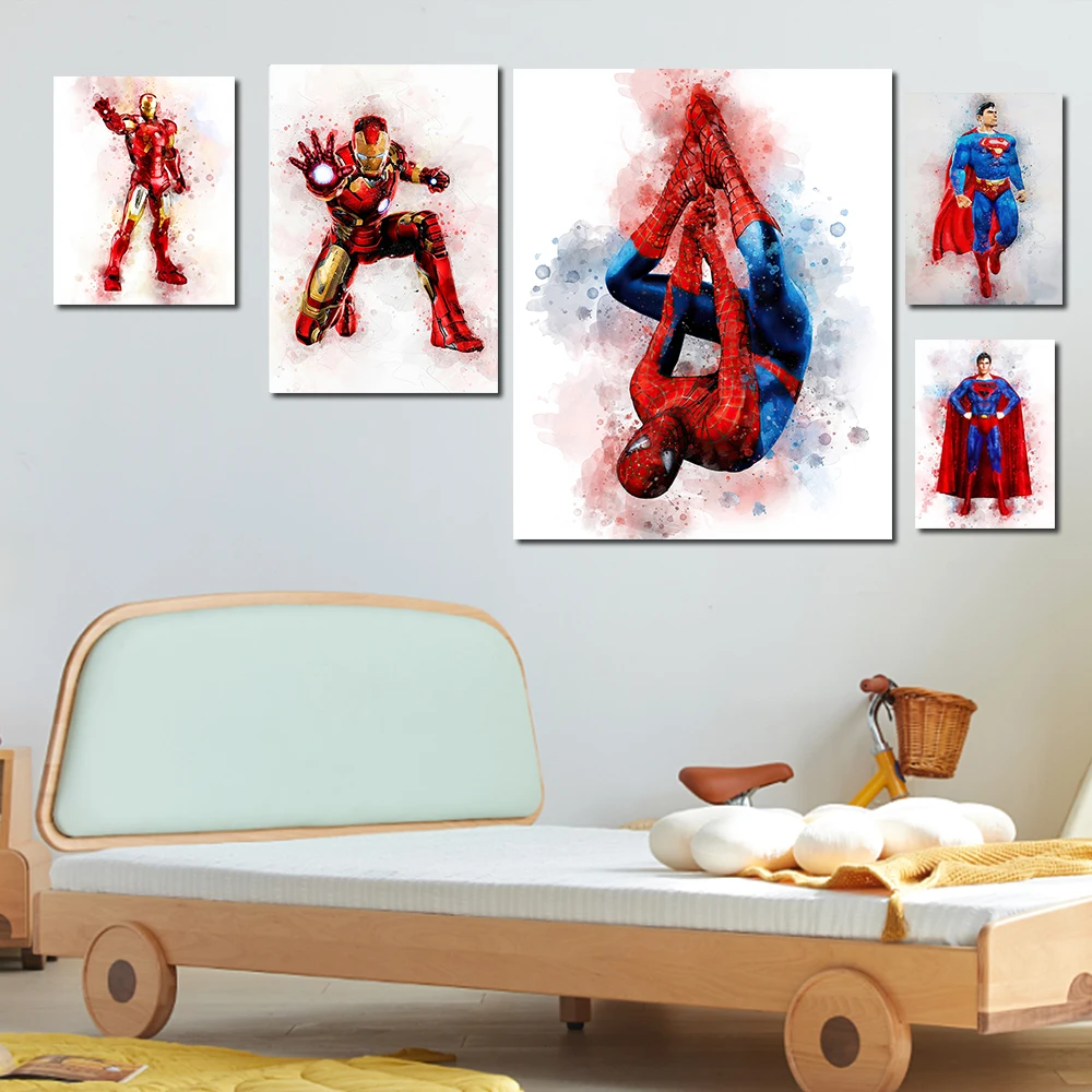 Marvel Superman Spiderman, Iron Man, Hulk Akwarela na Płótnie Malarstwo Plakat Dziecięcy Sypialnia Dekoracja Pokoju HD Print Painting