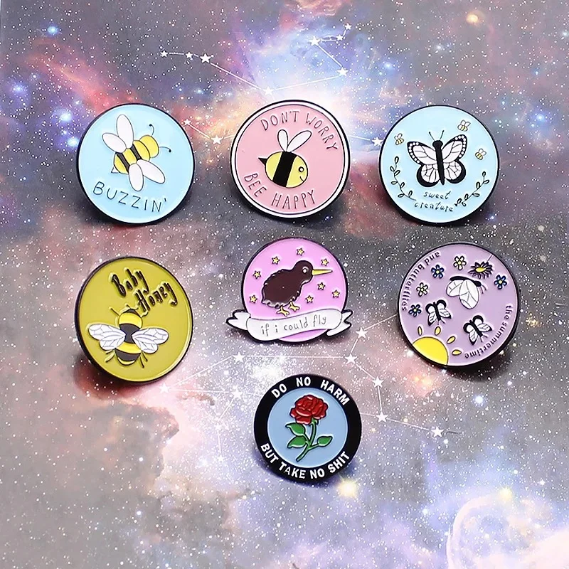 Custom Bee set homophonic Be Kind Save Bee Emal Pin Brooche Bag Clothes Lapel Pin Pink Blue Round Badge Honey Bee Jewelry Gift