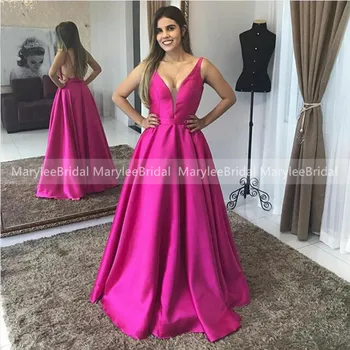 Różowe Sukienka w kolorze Fuksji A-sylwetki z odkrytymi Plecami Formalne Suknie Wieczorowe z V-neck Długość podłogi Vestido De Fiesta De Graduación sukienkę