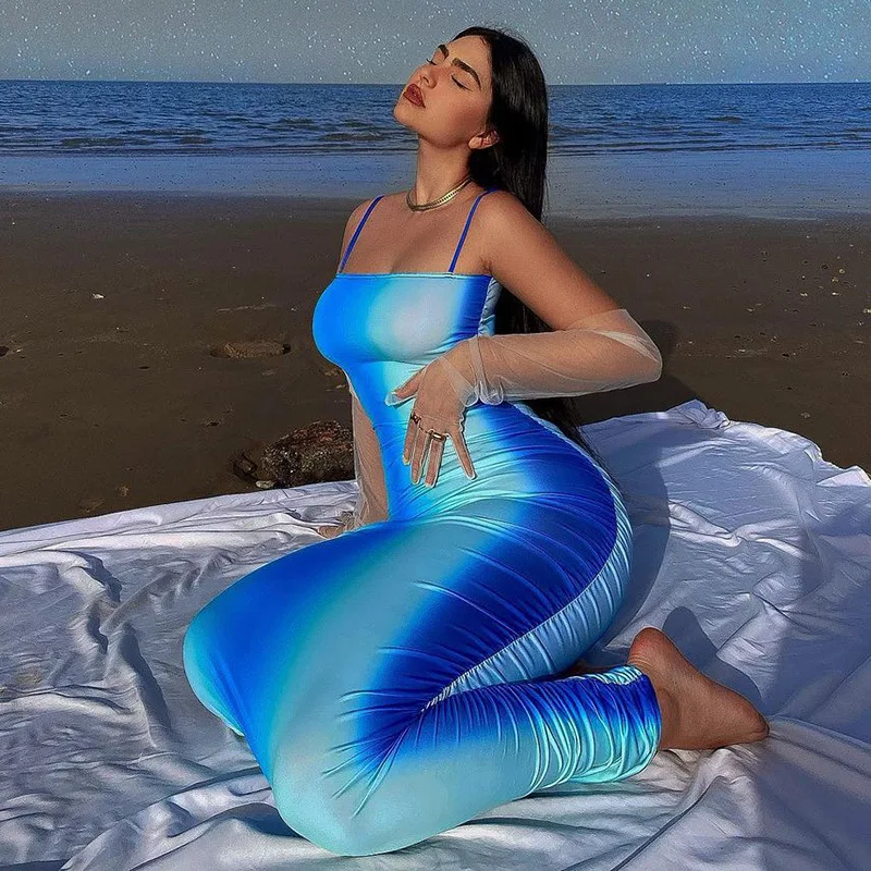 Long Beach Dress Woman Summer 2020 Party Blue Slip Dress bez rękawów Y2K Sexy Wrap Bodycon Women ' s Maxi Dress Backless Vestidos