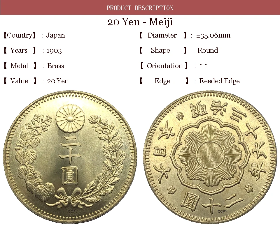 Wielka Japonia 1903 20 Jenów Meiji 36 Rok Złota Moneta Mosiądz, Metal Павловния Kwiat Herb Cesarz Królewska Drukowanie Kopia Monety