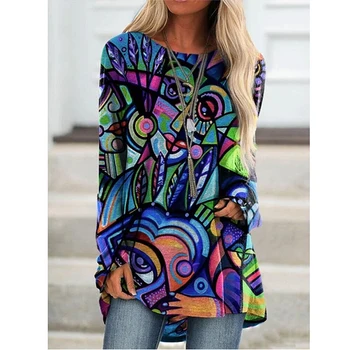 Plus Rozmiar Damska moda Temat Codziennych Okrągły Kwiatowy print z długim rękawem Jesienne Swetry t-Shirty blusas de mujer