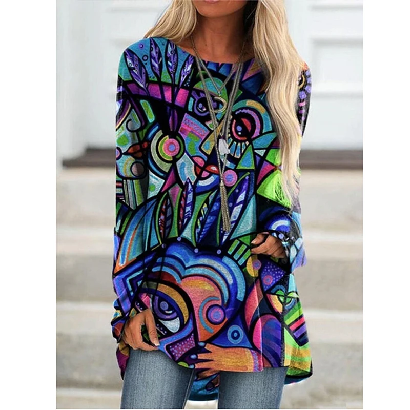 Plus Rozmiar Damska moda Temat Codziennych Okrągły Kwiatowy print z długim rękawem Jesienne Swetry t-Shirty blusas de mujer