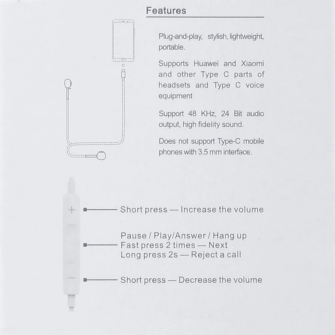 HAWEEL 1.2 m Przewodowa W Uchu USB-C / Type-C Interfejsowa zestaw Słuchawkowy z Mikrofonem Dla Huawei, Xiaomi i innych smartfonów z USB-C / Type-C
