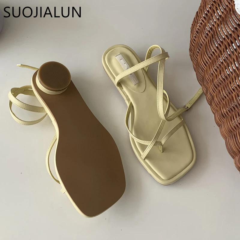 SUOJIALUN 2021 Summer Women Sandal Shoes Low Round Heel Narrow Band Gladiator Casual Sandal Ladies Casual Outdoor Beach Slides