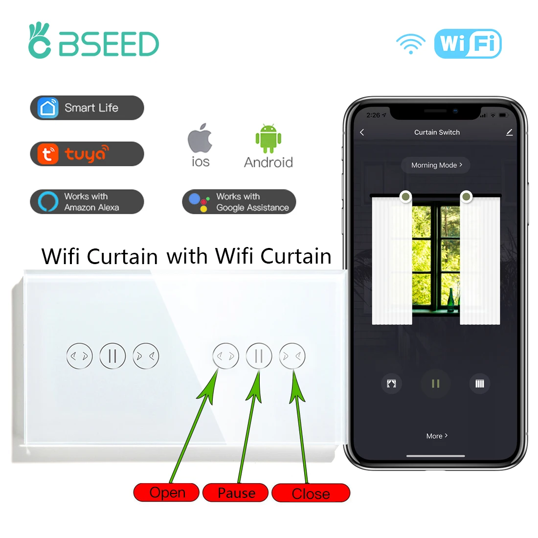 Bseed Double Wifi Curtain Switch Smart Wall Touch Switch Google Alexa Black White Wireless Thriple Curtain Switch Smart Life