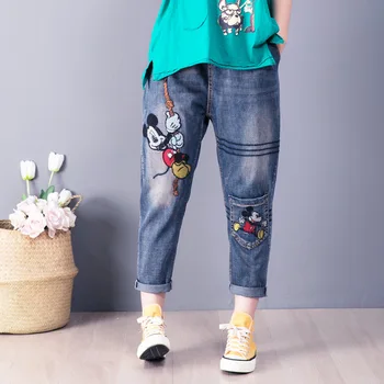 Disney woman fashion cartoon temat jeans elastyczna wysoka talia haft Mickey Mouse wysokiej jakości duży rozmiar Харен spodnie Capri