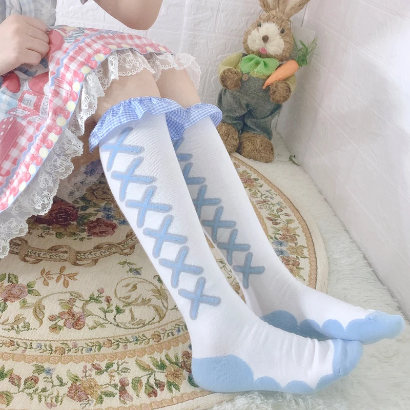 Oryginalne Japońskie damskie pończochy w stylu Lolity z falbanka i krzyżowy nadrukiem JK Uniform Leg Socks OverKnee Socks Cosplay Soft Sister Sockings Gir