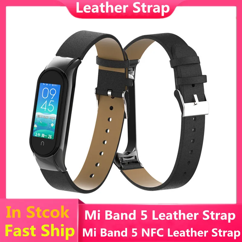 Band 5 NFC Skórzany Pasek Mi Band 5 Zegarek Paski Z Metalową Obudową Dla Xiaomi Mi Band 5 Mężczyźni kobiety Biznesu Bransoletka Pulseira