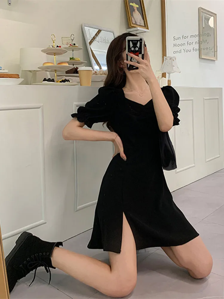 Czarne Francuskie sukienka dla kobiet 2021 Sexy Puff Sleeve Office Lady Koreański Styl Letnie Vestidos bodycon Długie sukienki Robe Femme J5O