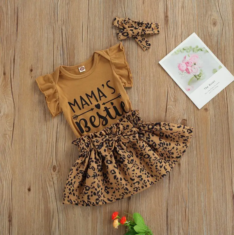 3szt Moda dla Dzieci Dziewczyny Strój Okrągły Kołnierz Fly Rękaw List Drukowania Kombinezon Leopard Print Krótka Spódnica Czapki Dziecięce Zestawy