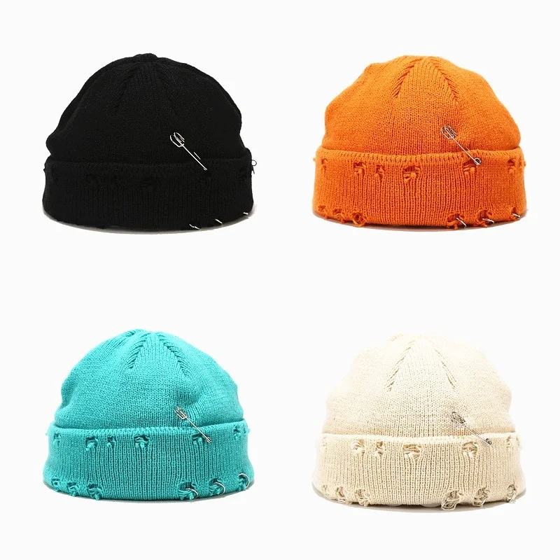 Zimowe grube ciepłe podarte pierścienie do szpilek hip-hop czapka czapki dla dorosłych codzienne bawełna właściciel skullies kapelusze