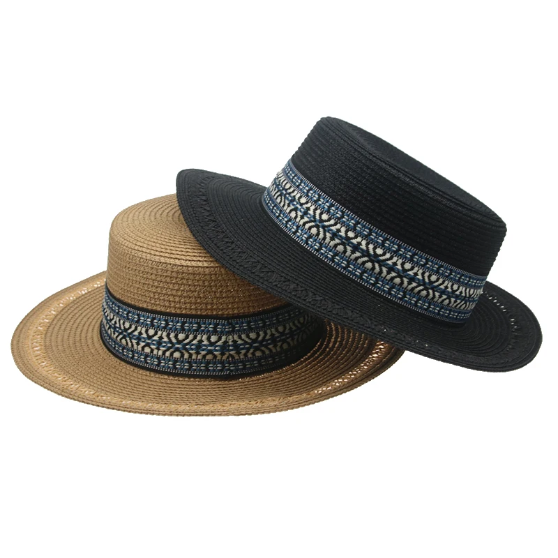 Słomkowe kapelusze kobiety mężczyźni płaska góra khaki biały czarny stałe letnie kapelusze talia taśma casual plaża otwarta ochrona od słońca damska letnia kapelusz