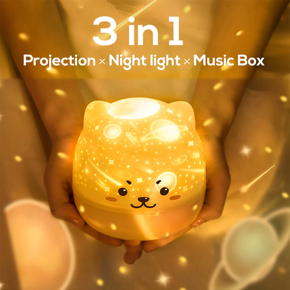 Słodki Miś Led Star Muzyczny dla Dzieci Projektor Lampka USB Akumulator Światło Obrotowe Dla Dzieci Stolik Sypialnia Dekoracje