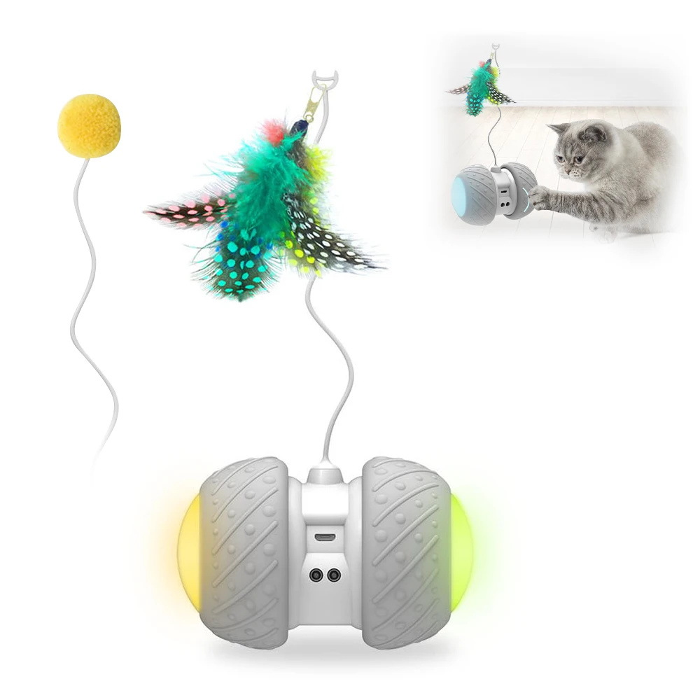 Pet Cat Toy Automatic Cat Teaser with LED Wheels Rechargeable Flash Rolling Colorful Cat Sticker Feather Toy Electronic Cat Toys